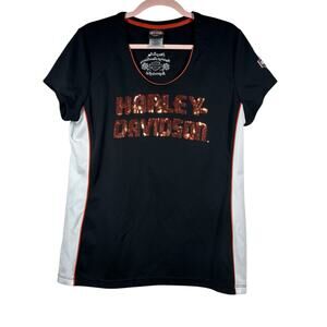 HARLEY DAVIDSON Black Orange Sequin Short Sleeve Shirt Large